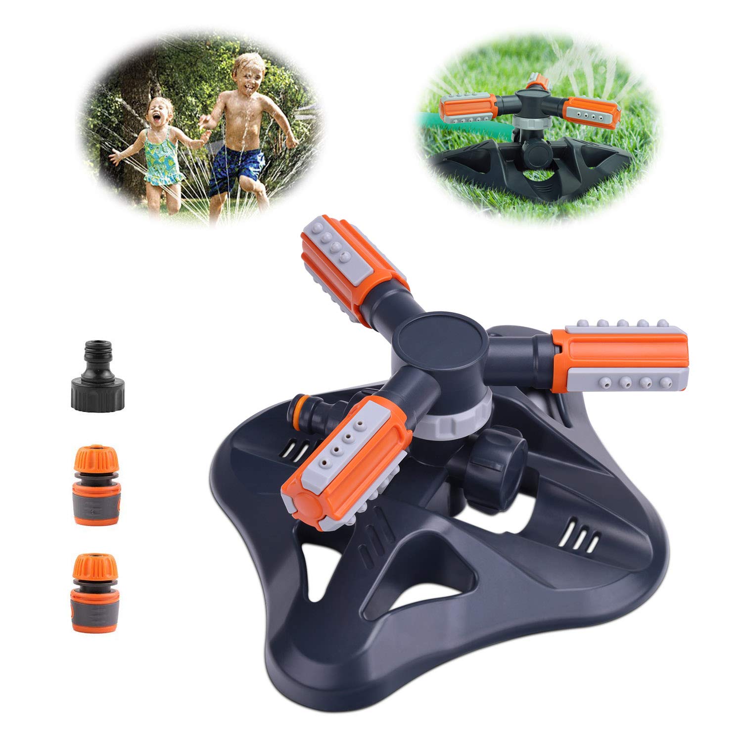 HERZO Garden Sprinklers, Automatic 360° 3 arms rotating Sprinkler system, adjustable effluent form and water volume,wide sprink area