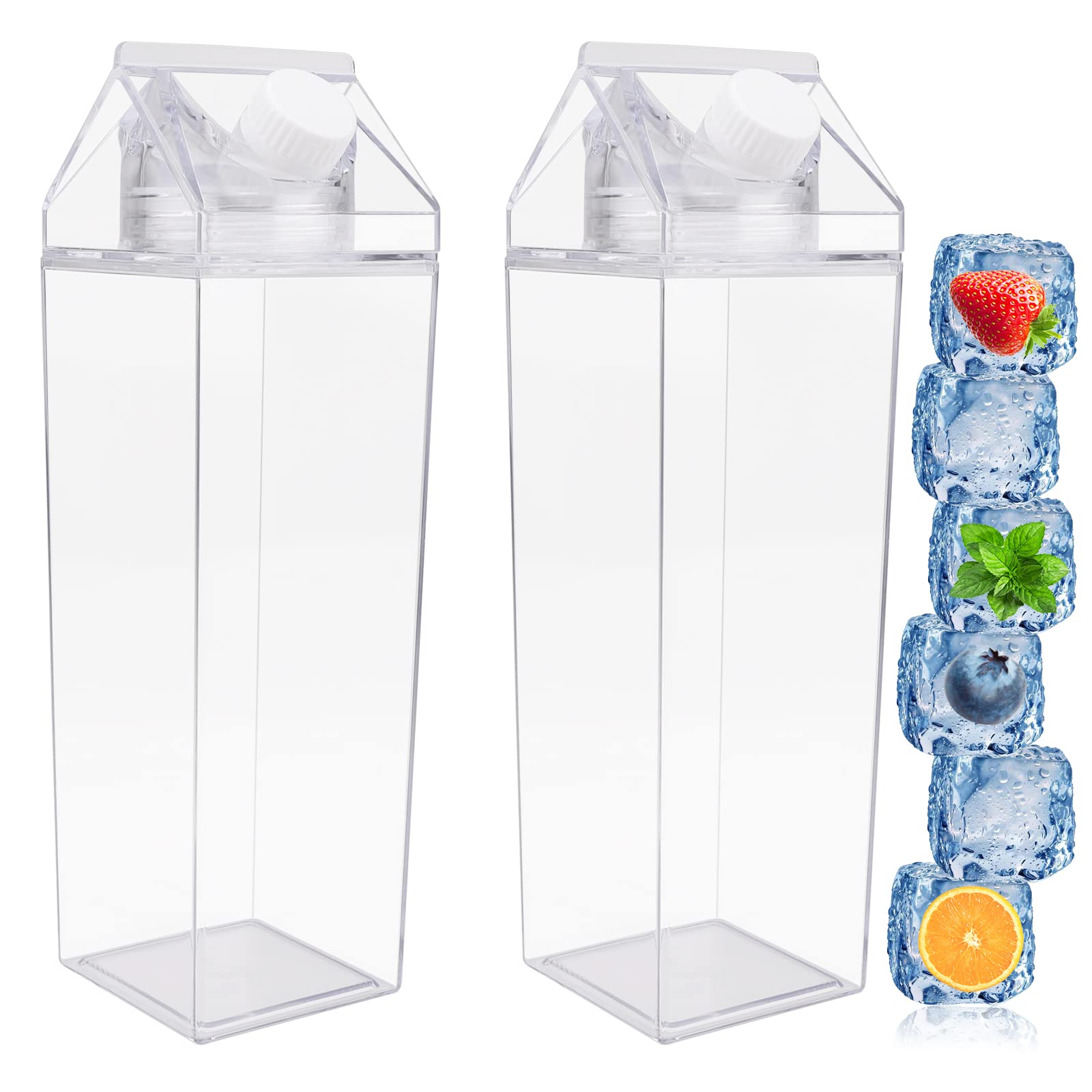Milk Carton Water Bottle,2 Pack 1000ML Portable Square Cute Clear Water Bottle with Screw Top,Summer Reusable Leak Proof Juice Drinking Bottle for Indoor Outdoor Activities,Travel,Camping (1000ML)