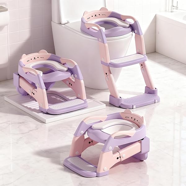 POTTY TRAINING SEAT, UPGRADE TODDLER TOILET SEAT FOR KIDS BOYS GIRLS, 3 IN 1 POTTY TRAINING TOILET WITH STEP STOOL LADDER-NON SLIP FOLDABLE (PURPLE+PINK)