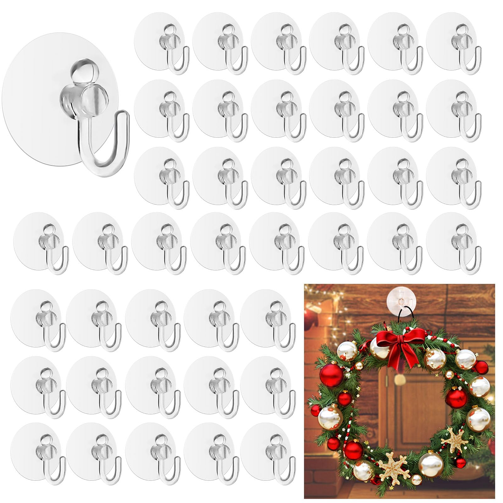 MirraSwit 42Pcs 4.2cm Christmas Suction Hooks, Heavy Duty Suction Cup Hooks Max Holding 2KG, Clear Sucker Hook for Bathroom, Glass Window