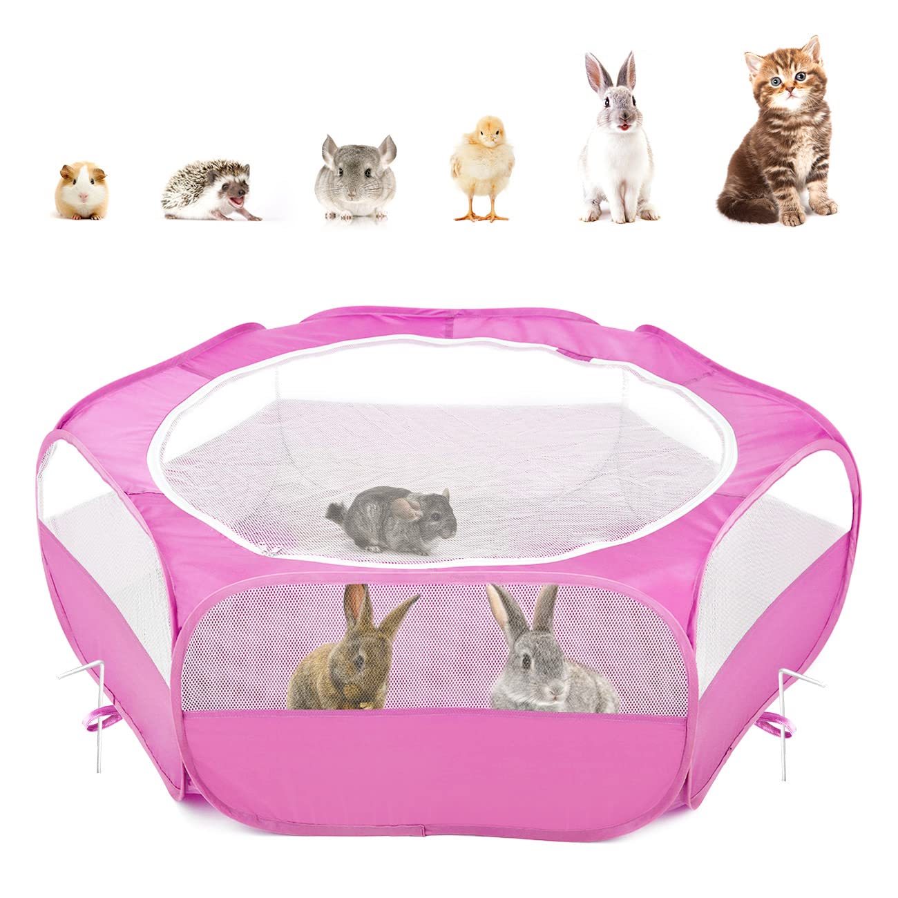 Photo 1 of Pawaboo Small Animals Playpen, Waterproof Small Pet Cage Tent with Zippered Cover, Portable Outdoor Yard Fence with 3 Metal Rod for Chick/Kitten/Puppy/Guinea Pig/Rabbits/Hamster/Chinchillas,Magenta