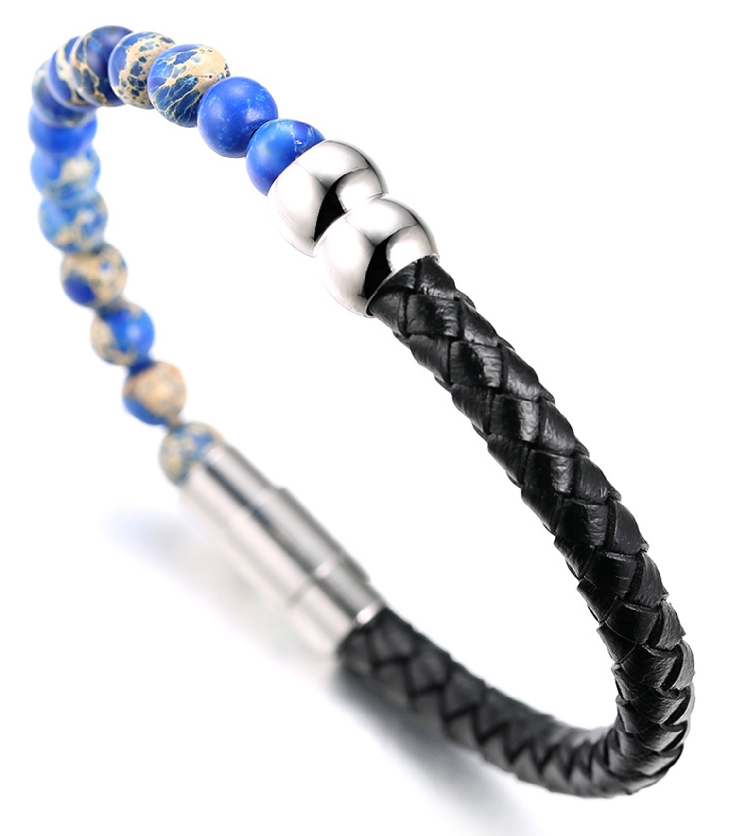 HALUKAKAH ● Salute The SEA ● Men's Genuine Leather Bracelet with Natural Blue Imperial Stone Beads,Smart Magentic Clasp, 8.46"(21.5cm) with Free Giftbox