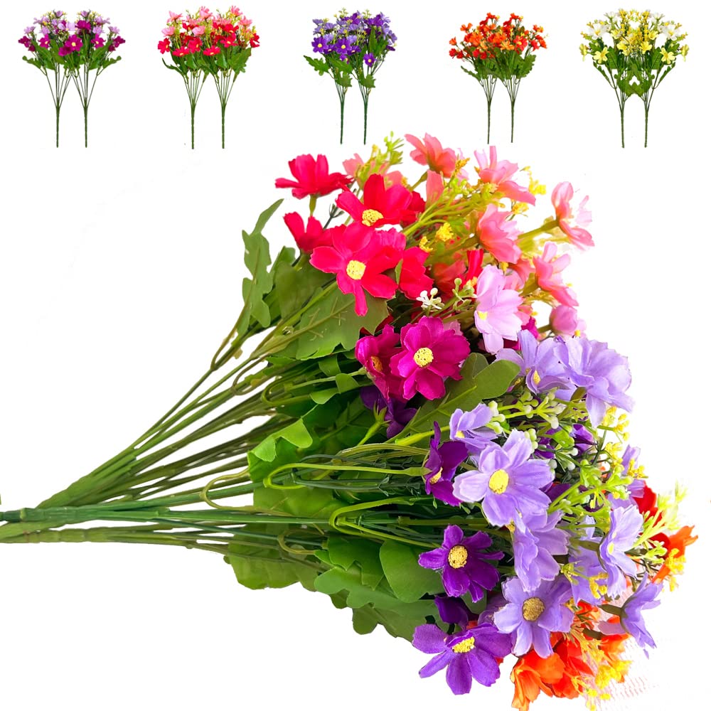 Amajoy 10 Bundles Silk Daisy UV Resistant Artificial Flower Faux Wildflowers Greenery Shrubs Plants Plastic Bushes Indoor Farmhouse Outdoor Garden Planter Decoration (Colorful)