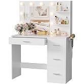 YESHOMY Vanity Desk with Mirror, LED Lights and Storage,Modern White | Makeup Vanity Table with 10 Lights, Power Outlet, 3 Color Modes, 4 Drawers and Shelves for Bedroom