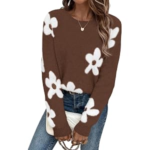 dowerme Womens Fall Cute Floral Chunky Knit Sweaters | Winter Long Sleeve Ribbed Crewneck Pullover Tops, Casual Loose Fit Str