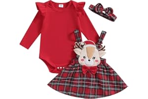 Frietlebird Newborn Baby Girl Fall Winter Outfits Thanksgiving Christmas Outfit Long Sleeve Romper Suspender Skirt Set 3Pcs