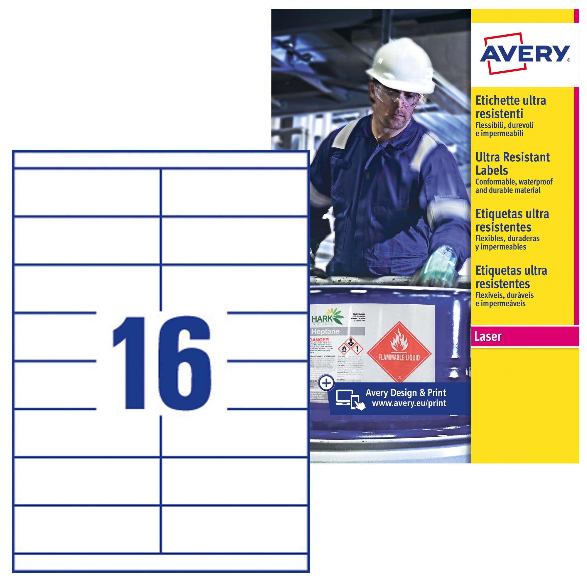 Avery B5274-50 (52.5 x 74.3mm) Extra Strong Adhesive, Ultra Heavy Duty Industrial Waterproof GHS Labels, 16 Labels Per A4 Sheet