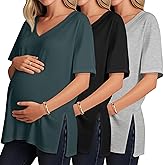 Ficerd 3 Pack Women's Maternity T-Shirts, Loose Split Side Pregnancy Tops Half Sleeve Roll V Neck Casual Oversized Tee Blouse