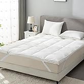 ROSE FEATHER Goose Down Feather Mattress Topper,Queen Down Mattress Protector Cover with Straps,Plush Soft Fluffy Baffled Pil