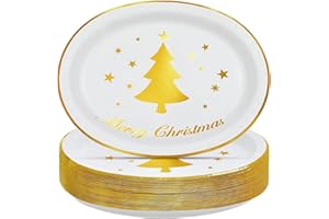 Grencian 50Pcs Winter Oval Paper Plates 10" x 12" Large Disposable Heavy Duty Gold Foil Christmas Tree Plates Snowflake Dessert Platters for Winter Holiday New Year Dinner Party Supplies Decorations