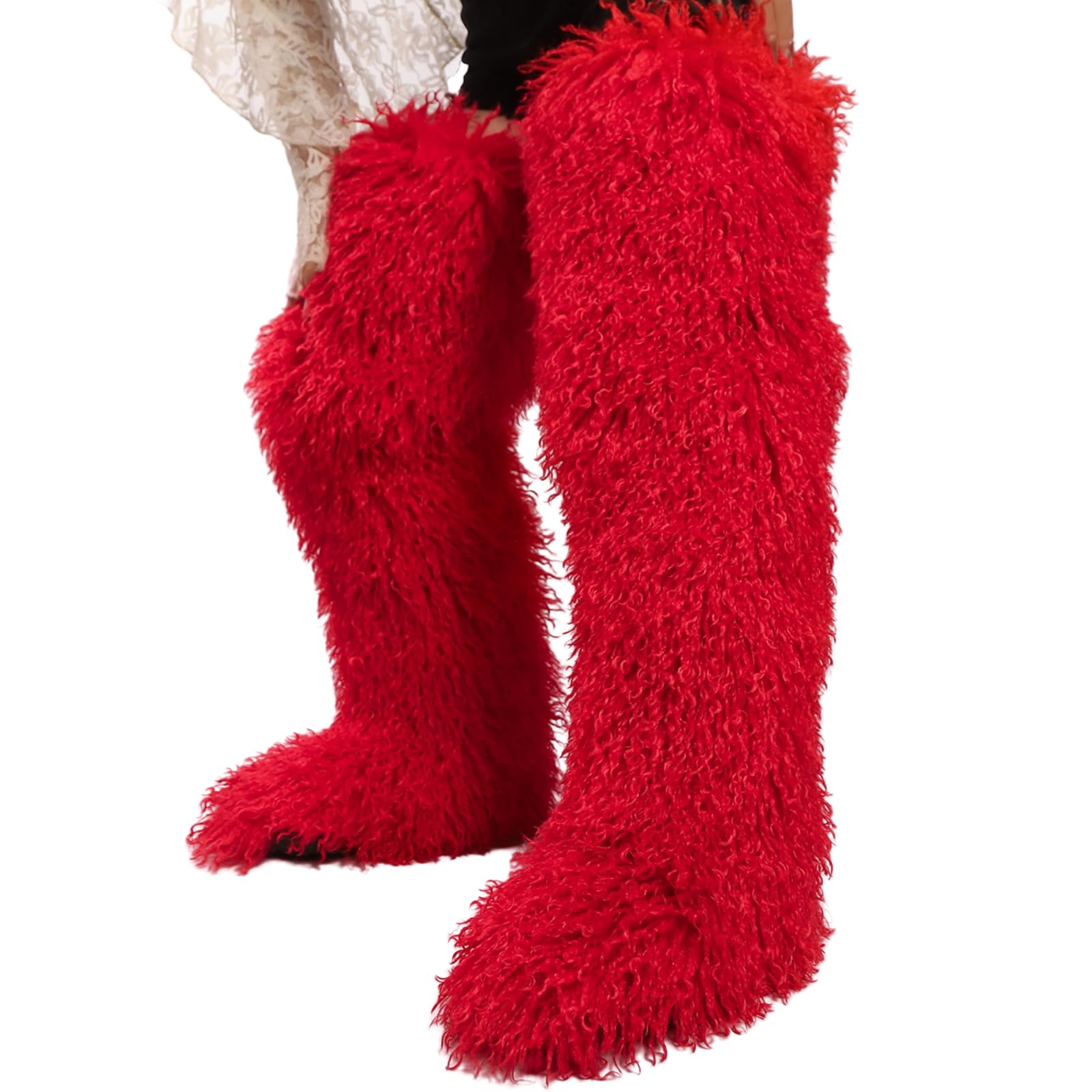 YFJNV Black Thigh High Fur Boots, Over the Knee Fluffy High Boots, Tall Furry shoes for Women (Red,11) Image