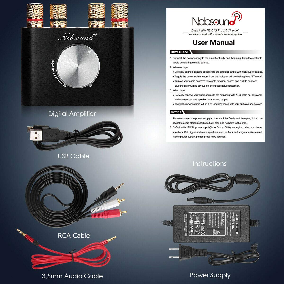 Nobsound Mini Bluetooth Power Amplifier; Stereo HiFi Digital Amp 2.0