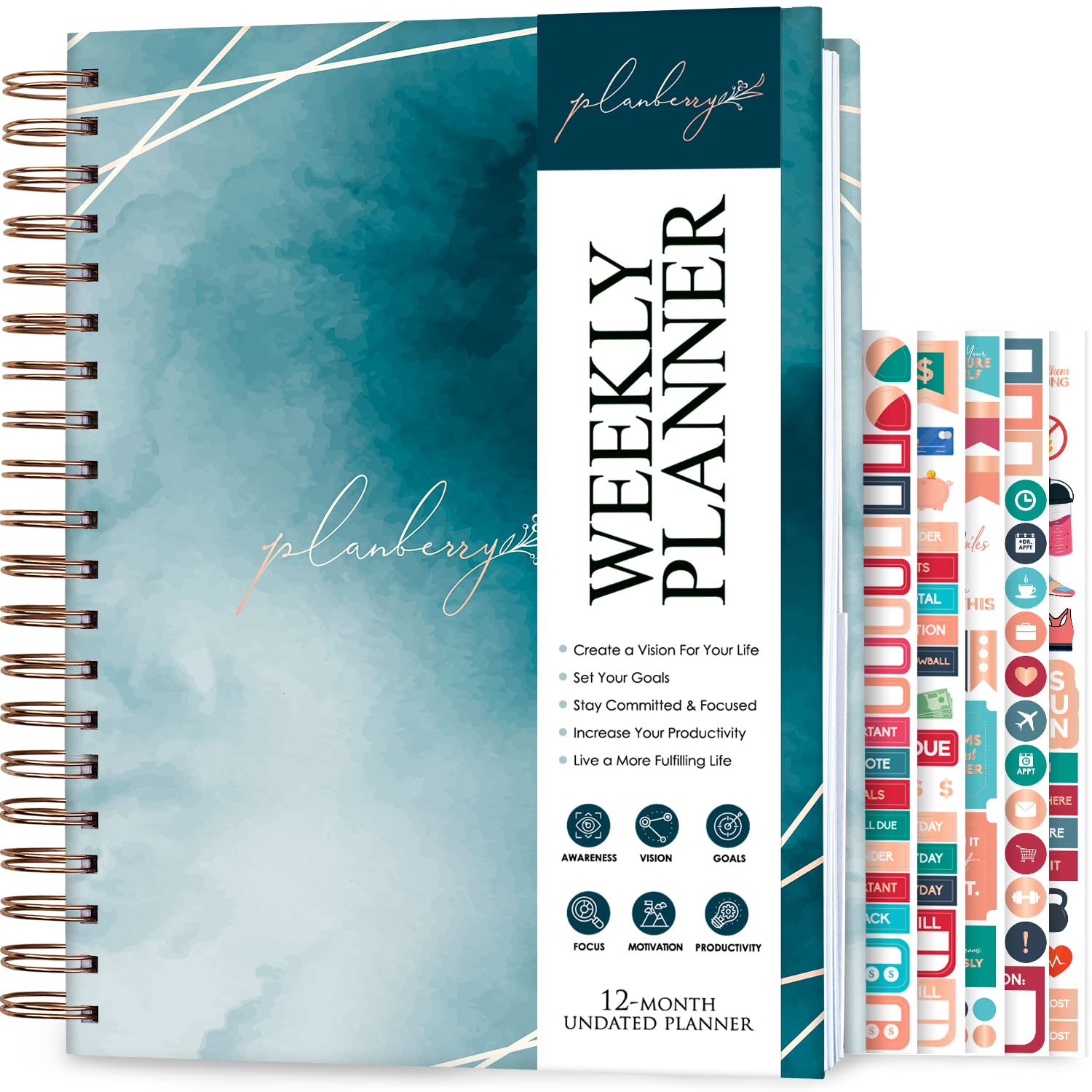 PLANBERRY Weekly Planner Large – Elegant Life & Budget Planner to Hit Your Goals & Live Happier - Organizer & Productivity Journal - 20x27cm Hardcover, Undated + Stickers (Ocean Depths)