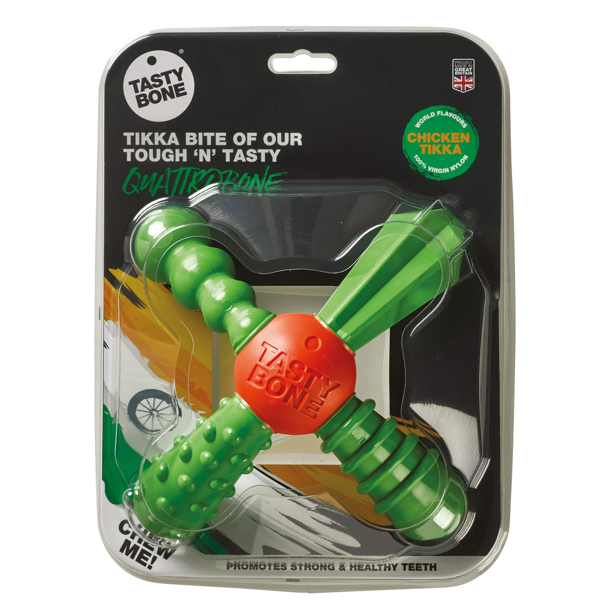 TastyBone QuattroBone Nylon Dog Chew Toy for Large Dogs (Chicken Tikka) - Indestructible for Aggressive Chewers, Everlasting Flavour, Strong Healthy Teeth, Made in the UK