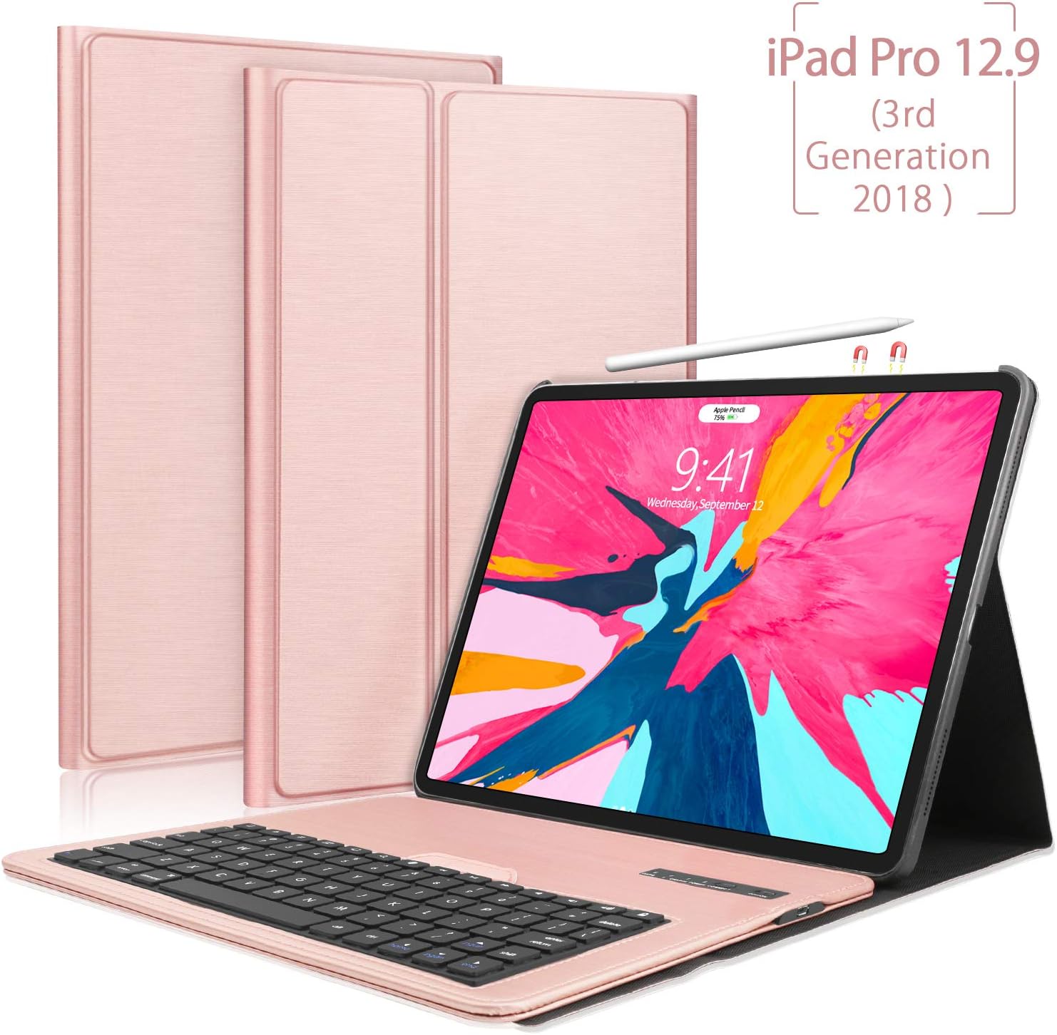 iPad Pro 12.9 Keyboard Case 2018 3rd Gen [Support Apple Pencil Charging] - Detachable Wireless Keyboard Slim Leather Folio Smart Cover for Apple iPad Pro 12.9 inch 2018 (Not for 2017/2015) -Rose Gold
