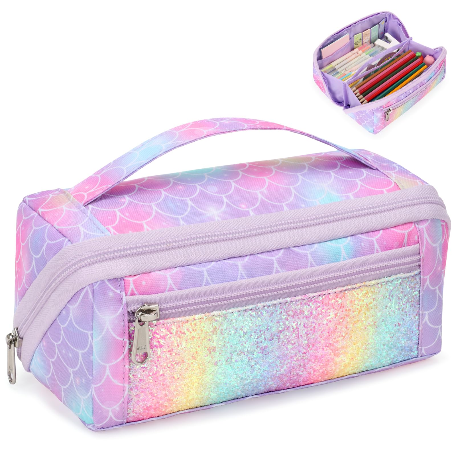 Photo 1 of BrainyBees Pencil Pouch for Girls - Large Capacity Pencil Case for Kids Wide Opening Pencil Bag with 8 Compartments Special Cute Pen Case for School (Glitter Purple Mermaid)