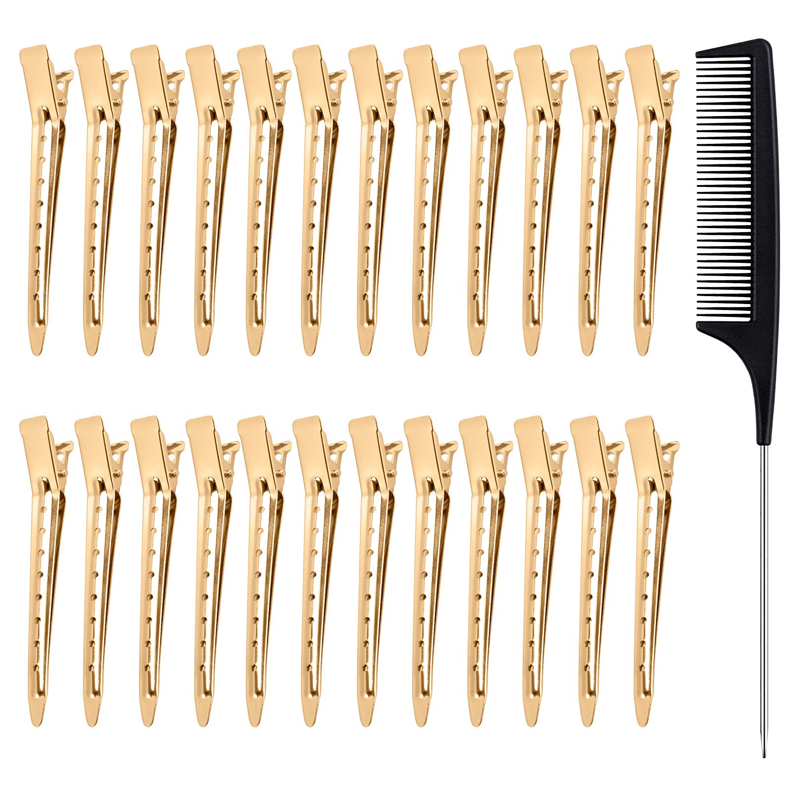 24pcs Hair Sectioning Clips with Styling Comb, 3.5 Inches Duckbill Hair Clips Metal Crocodile Hairdressing Curl Clips