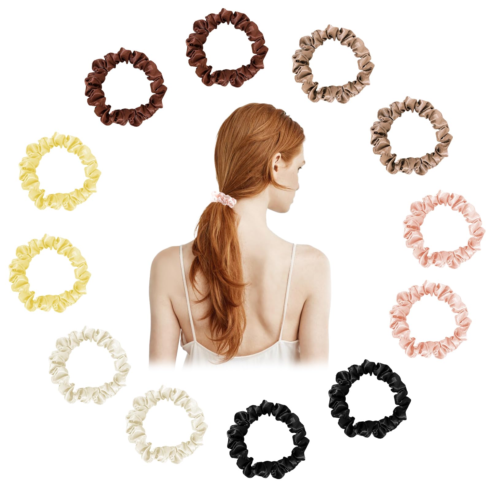 12 Packs Hair Ties Bands Satin Hair Scrunchies for Women Girls Skinny Silk Satin Scrunchies Small Ponytail Holders No Damage Breakage Soft Silk Hair Bobbles for Thin Thick Curly Long Fine Hair