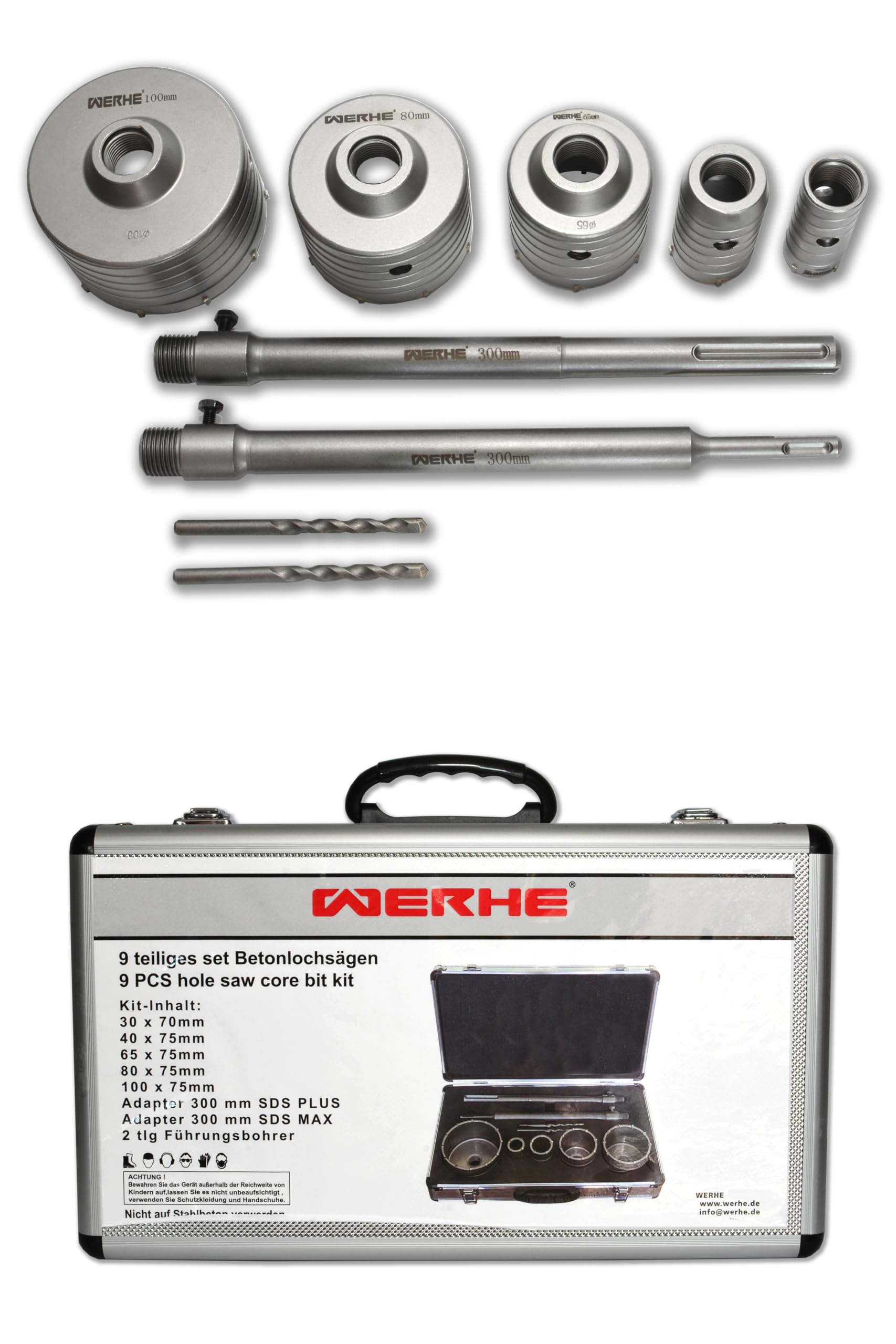 Concrete Hole saws 9 piece Set in case Hole Drill Ø 30 40 65 80 100 mm, core Drill with con Rod Drill for Cement Stone wall, Guide Drill, Drill Extension Adapter 300 mm SDS.