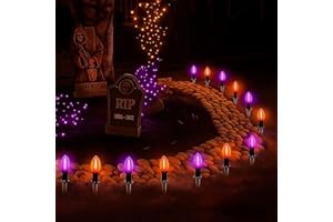KONICTOM Halloween Pathway Lights, 10 Pack C9 LED Stake Lights with Purple & Orange Bulbs, 19.5ft Extendable Outdoor Walkway Lights for Garden, Yard, Driveway, Porch & Sidewalk Halloween Decorations