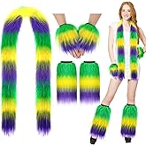 Jeere 5 Pcs Mardi Gras Furry Leg Warmers Set for Women Include Fuzzy Boa and Fur Wrist Cuffs Mardi Gras Costume Accessories Unisex for Holiday Carnival Party Masquerade Costume Outfit