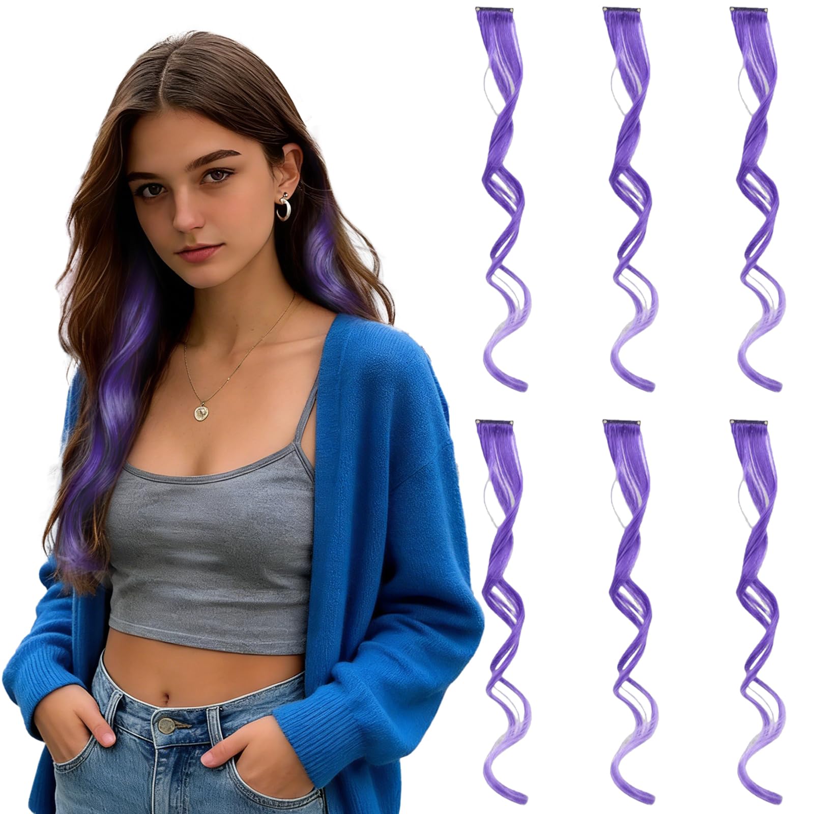 Traziewell Hair Extensions Clip in Curly Purple Long Wavy Clip Hair Extension Heat Resistant Synthetic Hairpieces 0121 โ image 1