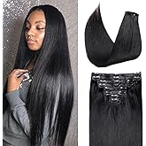 Pobokix Seamless Clip in Hair Extensions Real Human Hair, Straight Remy Human Hair Clip in Extensions, Natural Soft Human Hair, PU Skin Weft, 8Pcs 120g, 30inch #1B Natural Black
