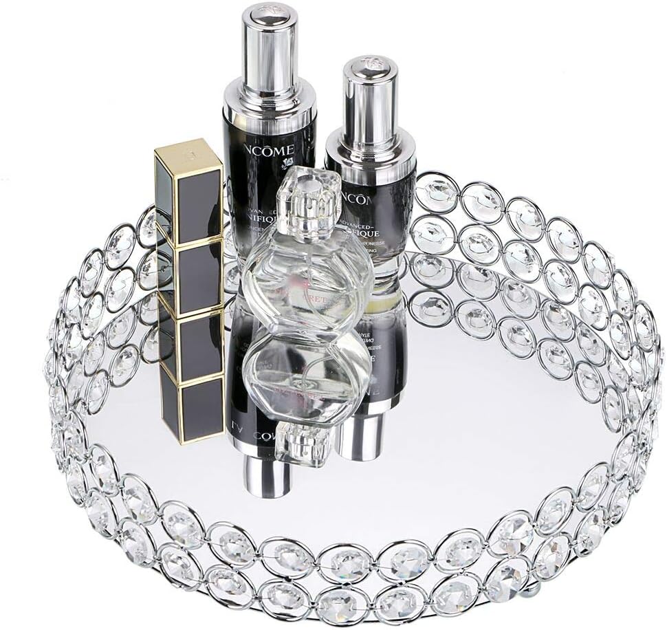 Hipiwe Crystal Cosmetic Vanity Tray - Mirrored Decorative Jewelry Tray Make up Organizer for Perfume, Trinket, Makeup Display Dresser Home Decor: Home & Kitchen