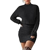 Velvelhall Women's Pullover Sweater Dress Long Lantern Sleeve Ribbed Knit Mock Neck Ruched Bodycon Casual Mini Dress 2025