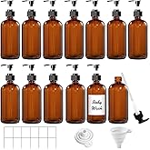 12 Pack Amber Glass Bottles 8oz with Pump Dispensers, Refillable Empty Pump Bottles for Bathroom, Kitchen, Shampoo, Soap, Lotion – Includes 2 Funnels & 12 Labels
