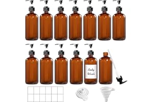 TBWIND 12 Pack Amber Glass Bottles 8oz with Pump Dispensers, Refillable Empty Pump Bottles for Bathroom, Kitchen, Shampoo, Soap, Lotion – Includes 2 Funnels & 12 Labels