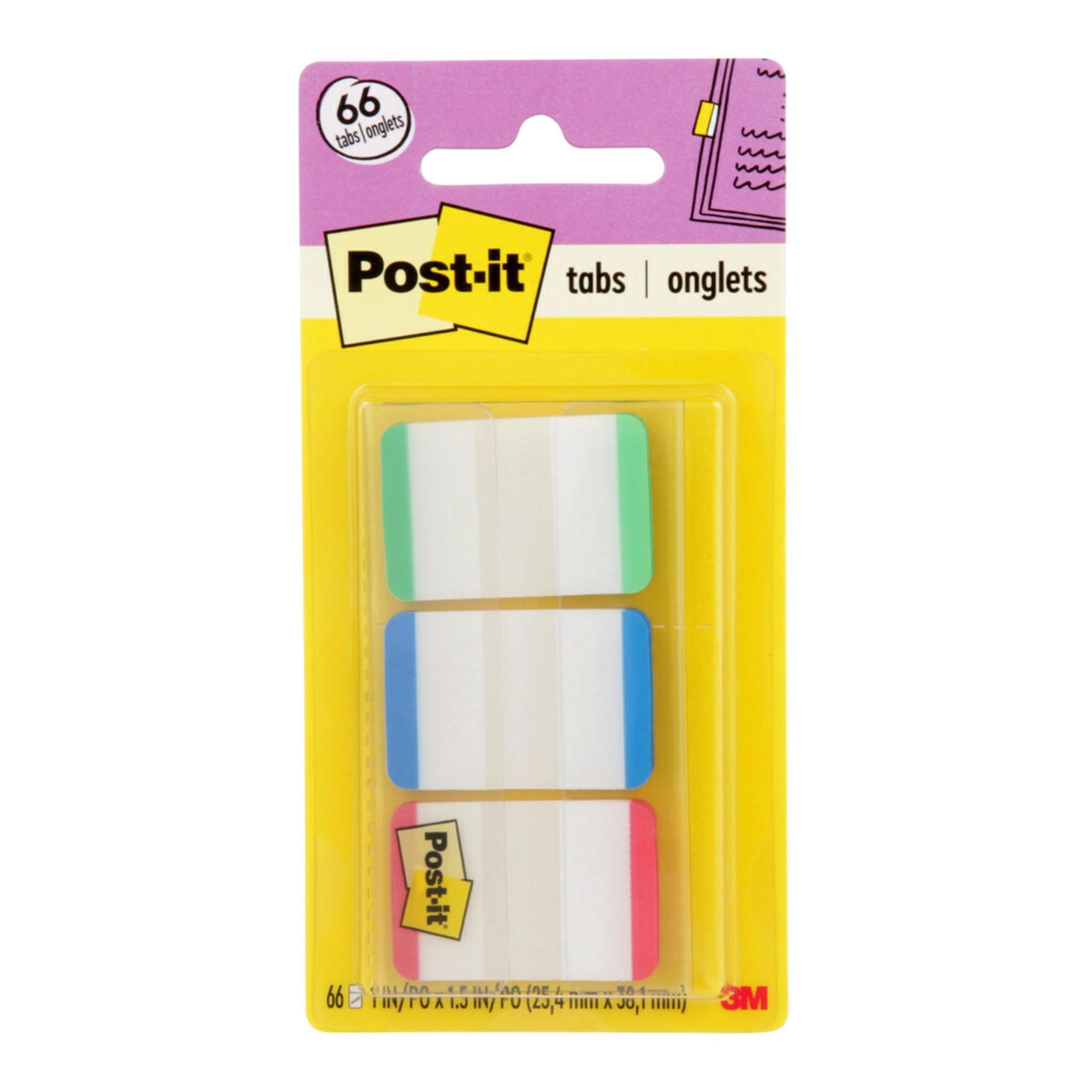 Post-it Tabs, 1 in, Lined, Green, Blue, Red, 22 Tabs/Color, 66 Tabs/On-The-Go Dispenser (686L-GBR)