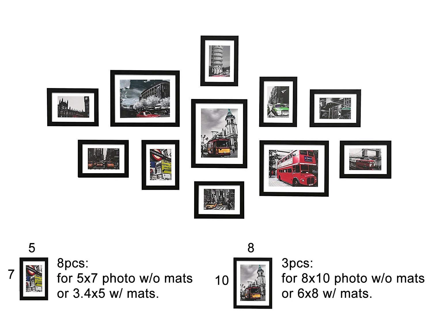WOOD MEETS COLOR Wall Photo Frames multiple photos, Including White Picture Mats and Installation Instruction, Set of 11 Collage Frames, 3-8x10 Inches, 8-5x7 Inches (Black)