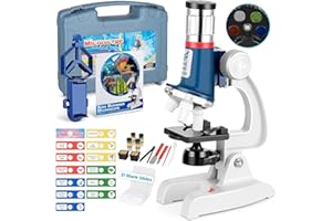 NOKA Microscope for Kids - 58-Piece Science Microscope Kit 1200X, Metal Body, LED Lights, Carrying Box, Slides - Science Expe