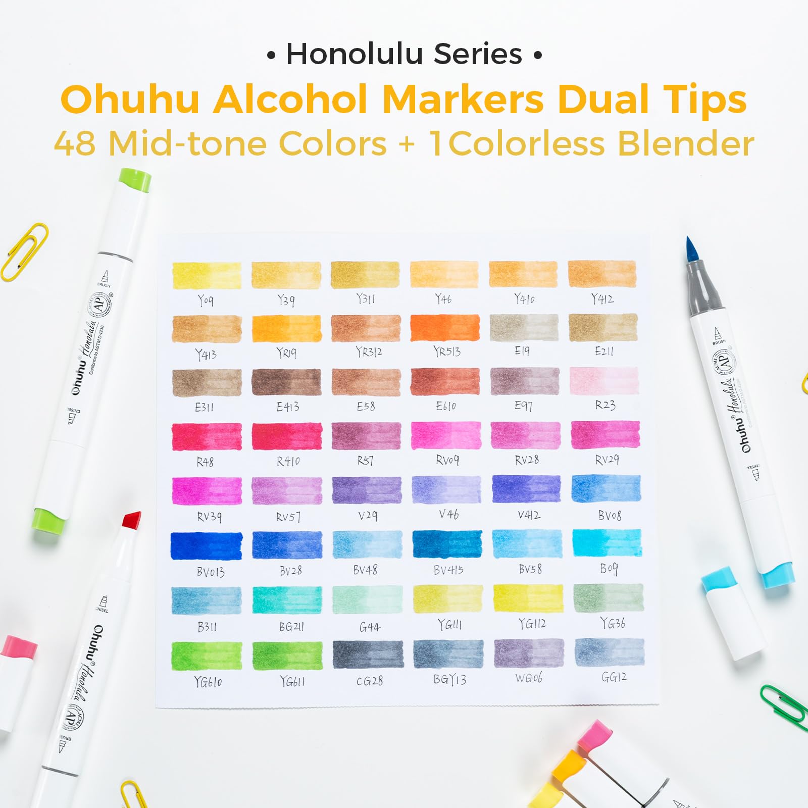 Ohuhu Alcohol Brush Markers 48 Mid-tone Colors- Double Tipped Alcohol Based Art Marker Set for Artists Adults Coloring Sketch Illustration- Brush & Chisel Dual Tips- Honolulu- Refillable
