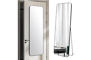 FINEWF 57x20 Door Hanging Full Length Mirror, Floor (Height 5.7ft just Body in 1.3ft) or Wall Mounted Metal Frame Rectangle Dressing Mirrors for Bathroom Bedroom Living Room 57 inch Black