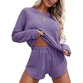 Ekouaer Womens Waffle Knit Pajama Sets Long Sleeve Top and Shorts Matching Lounge Set Loungewear Sweatsuit with Pockets
