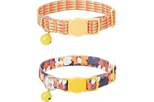 JUFOO 2PC cat Collar with Bells,Quick Release Safe Buckle Adjustable Kitten Collars,Printed Nylon Cute Collar for Boy and Girl Cats (Yellow Small Flower)
