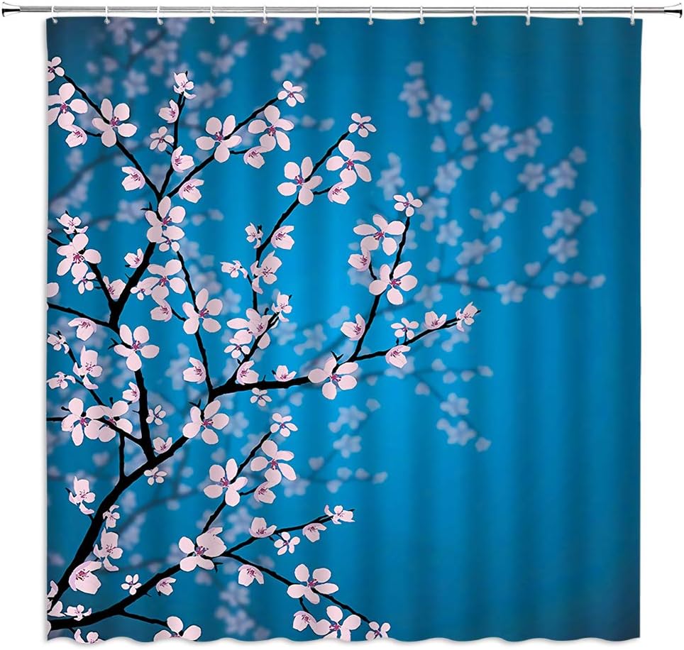 MNSC Cherry Blossom Shower Curtain, Pink Floral Japanese Sakura Flower Garden Park Leaves and Plants Ombre Spring Romantic Vintage Fashion Decor Fabric Bathroom Curtain 71x71Inch with Hooks,Blue