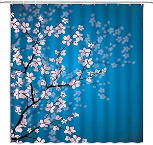 MNSC Cherry Blossom Shower Curtain, Pink Floral Japanese Sakura Flower Garden Park Leaves and Plants Ombre Spring Romantic Vintage Fashion Decor Fabric Bathroom Curtain 71x71Inch with Hooks,Blue