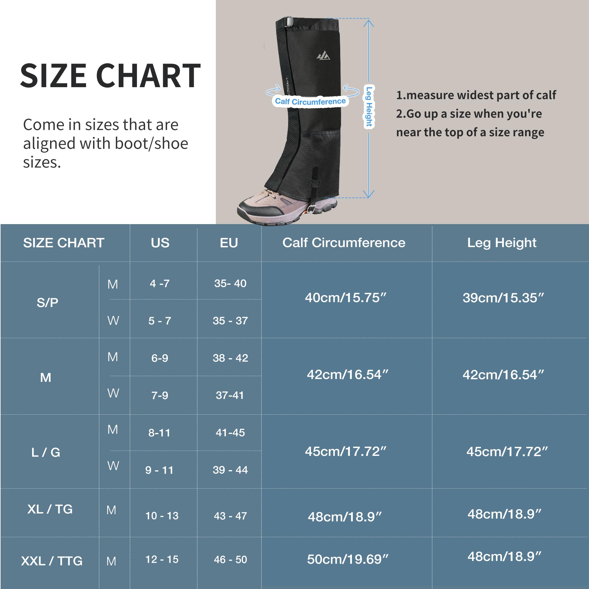 Unigear Gamaschen Outdoor Wasserdicht zum Wandern, Beinschutz Gamasche für Fahrrad Trekking Schneewandern, Verstellbar, Atmungsaktiv 6