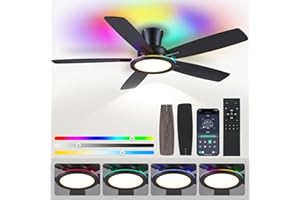 BYKISTOK Flush Mount Ceiling Fan with RGB Light - 52In Black Ceiling Fan Light with Reversible Mute Motor, LED 3CCT Dimmable, Low Profile Modern Ceiling Fans for Indoor, Party, Covered Outdoor