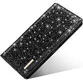 Simikol Ultra Slim Womens Wallet Minimalist Thin Long Leather Bifold Wallet RFID Blocking Card Holder Organizer with Zipper Coin Pocket Ladies Girls Gift Purse, Glitter Black