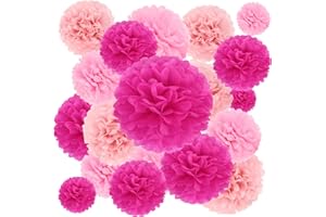 BestoFun 16Pcs Party Decorations - Hot Pink Pom Poms, Paper Flowers for Wedding, Birthday, Engagement Receptions & Bridal Shower