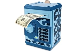 Qwifyu Piggy Bank for Boys Girls, 4 5 6 7 8 9 10 Year Old Girl Boy Birthday Gift Ideas, Electronic Password Money Saving Box ATM, Great Gift Safe Bank Toys for Kids (Camouflage Blue)
