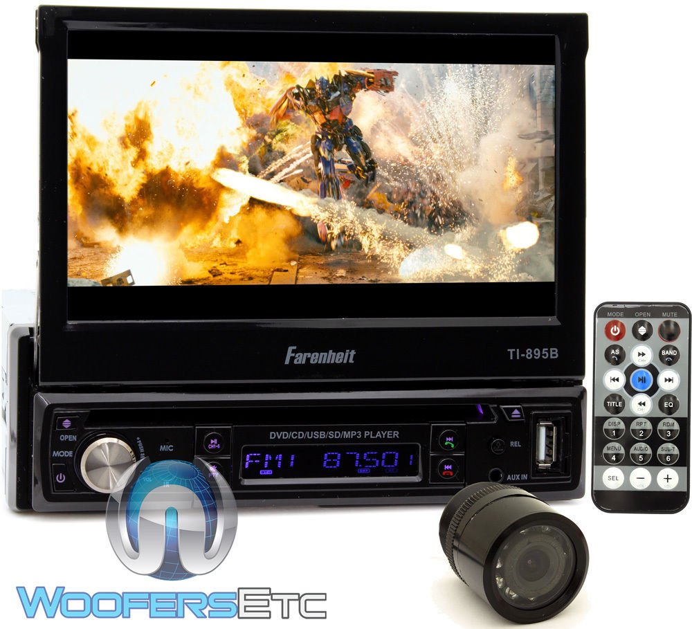 pkg Farenheit TI-895B In-Dash 1-DIN 7" Motorized Flip-Out LCD Touchscreen DVD/CD/USB Receiver with Bluetooth V3.0 + XO Vision Backup Camera with Nightvision