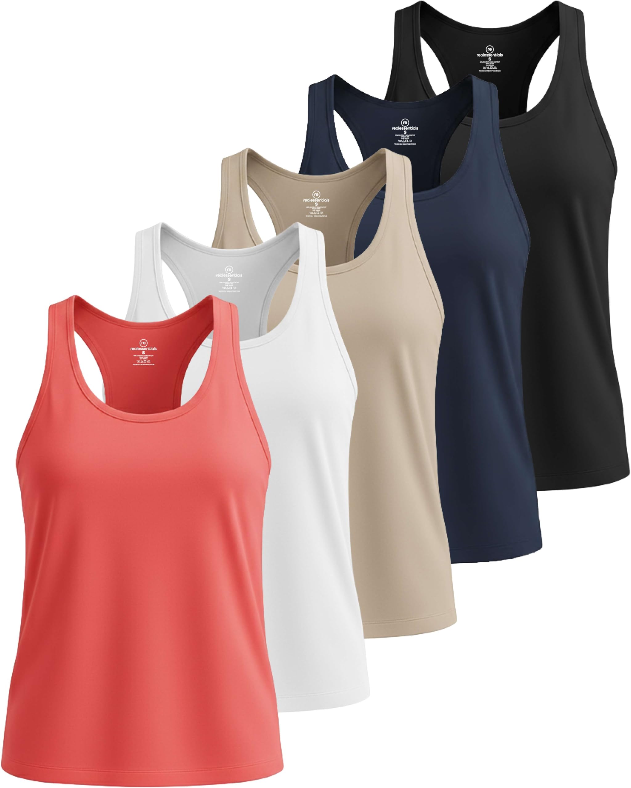 real essentials 5 pack: women's dry fit tank top - racerback sleeveless workout athletic gym shirt -