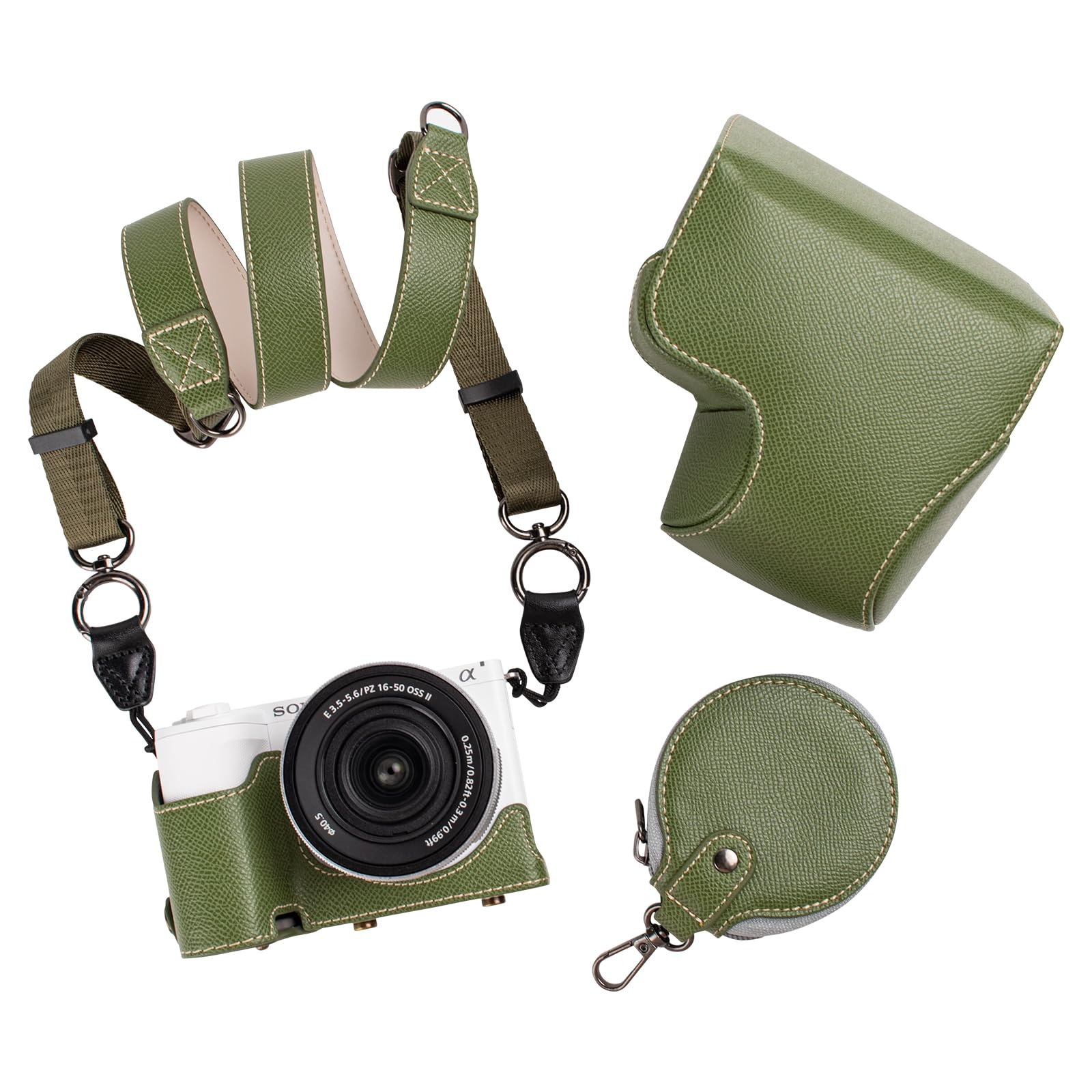 MUZIRI KINOKOO Protective Case for Sony ZVE10 II/ZV-E10 II, PU Leather Case for Sony Alpha ZV-E10 II/ZVE10 II Camera with 16-50mm Lens - Removable Case with Shoulder Strap & Storage Pocket - Green