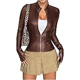MakeMeChic Women's Faux Leather Jacket Thin Fleece Mock Neck Zip Up Long Sleeve Winter Coat Outerwear