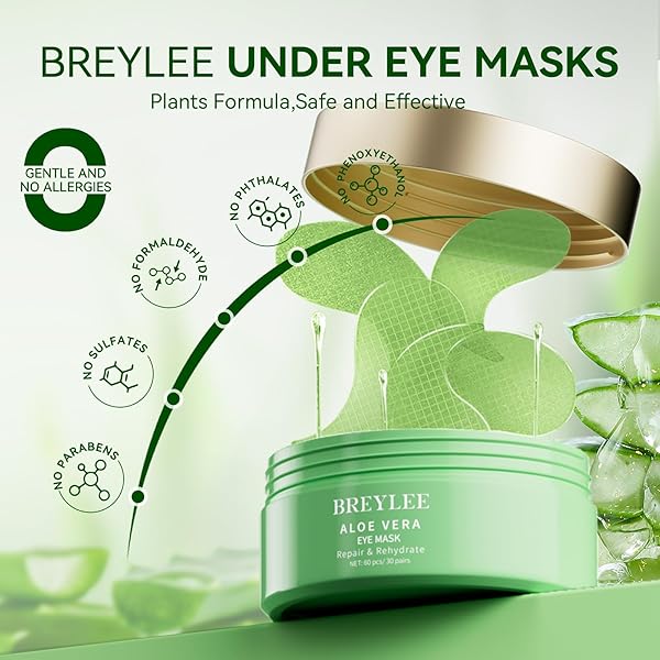 BREYLEE ALOE VERA EYE MASKS – 60 PCS – REDUCE PUFFY EYES & DARK CIRCLES, FIRM & IMPROVE UNDER EYE SKIN, PURE NATURAL EXTRACTS FOR YOUTHFUL APPEARANCE & REDUCTION OF FINE LINES AND WRINKLES.